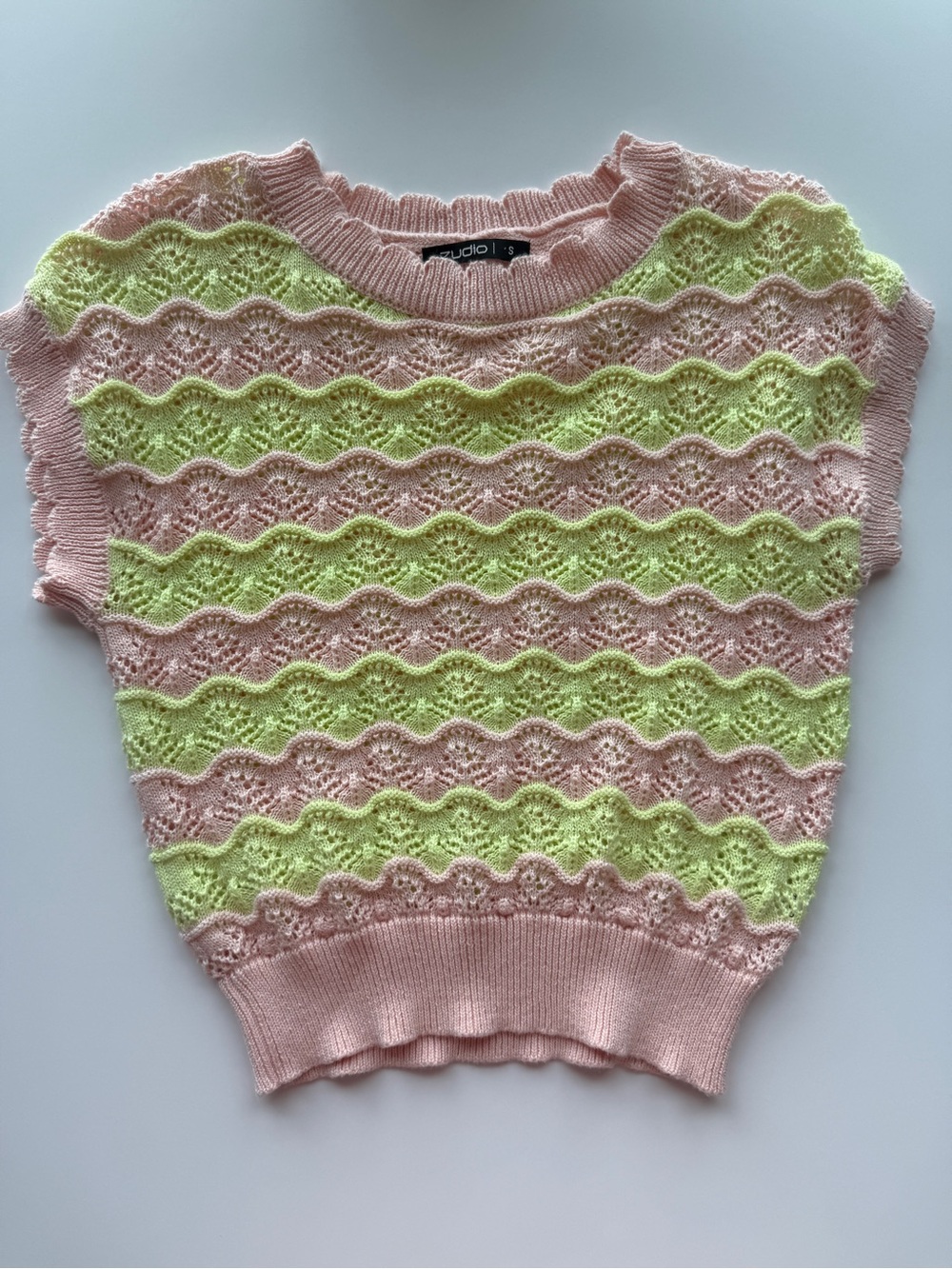 Studio 17 Pink and Lime Wave Knit Short Sleeve Sweater